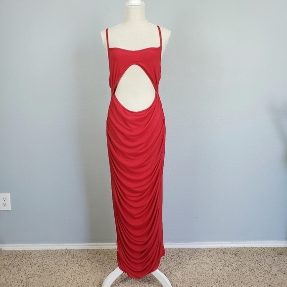PRETTY LITTLE THING Cut Out Ruched Mesh Maxi Dress Red Sz 14 - Picture 1 of 9